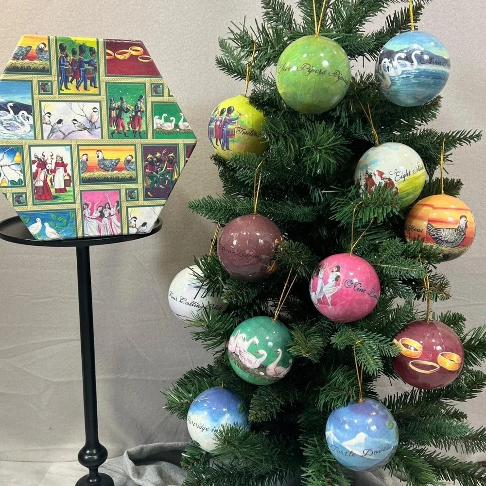 12 Days of Christmas Vintage Decoupage Ornament Set with Storage Box Complete